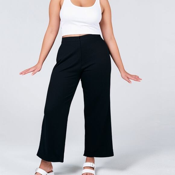 Exclusively Misook Black Stretch Knit Pants High Waist Cropped Wide Leg Size L - Picture 1 of 7